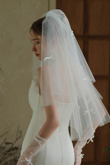 Two-tier Cut Edge Tulle Elbow Veils with Flower 884959274465 - COCOMELODY