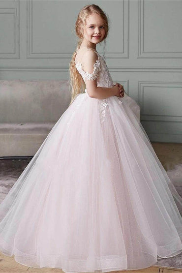 A-Line Illusion Neck Off The Shoulder Sleeves Tulle Maxi Flower Girl Dresses 827500964252 - COCOMELODY