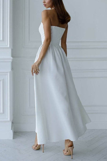 A-Line Tea Length Elastic Cloth Little White Dress 100063 - COCOMELODY