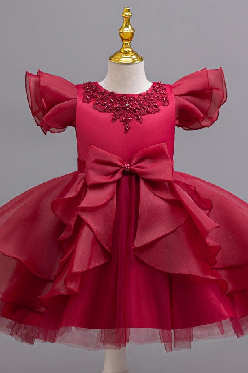 Short Flutter Sleeve Organza Knee Length Flower Girl Dresses 1028919378818 - 7 Days / Red / 100cm - COCOMELODY
