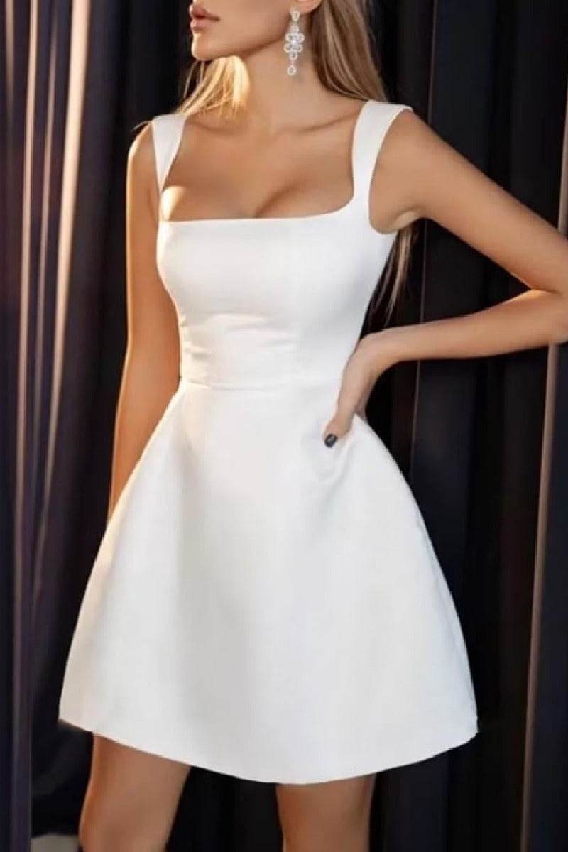 A-Line Short-Mini Satin Little White Dress Square Neck Straps After Party Dress COCOMELODY 100050, 15 Days / Ivory / US20-UK22-EUR50