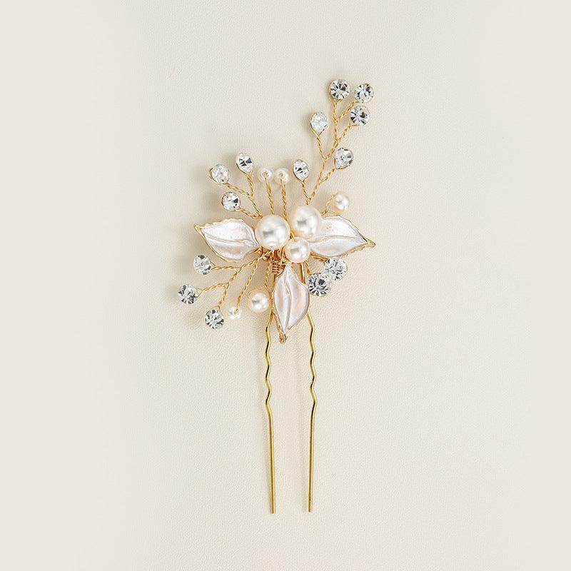 Bridal headwear Leaf hair pin Fashion wedding accessories Handmade pearl U-shaped hairpin set of 3 524682360029 - COCOMELODY