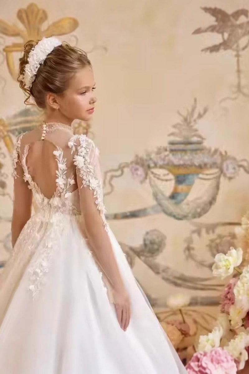 A-Line Illusion Neck Floral Applique Tulle Flower Girl Dresses 972513009627 - 10 Days / White / 2 - COCOMELODY