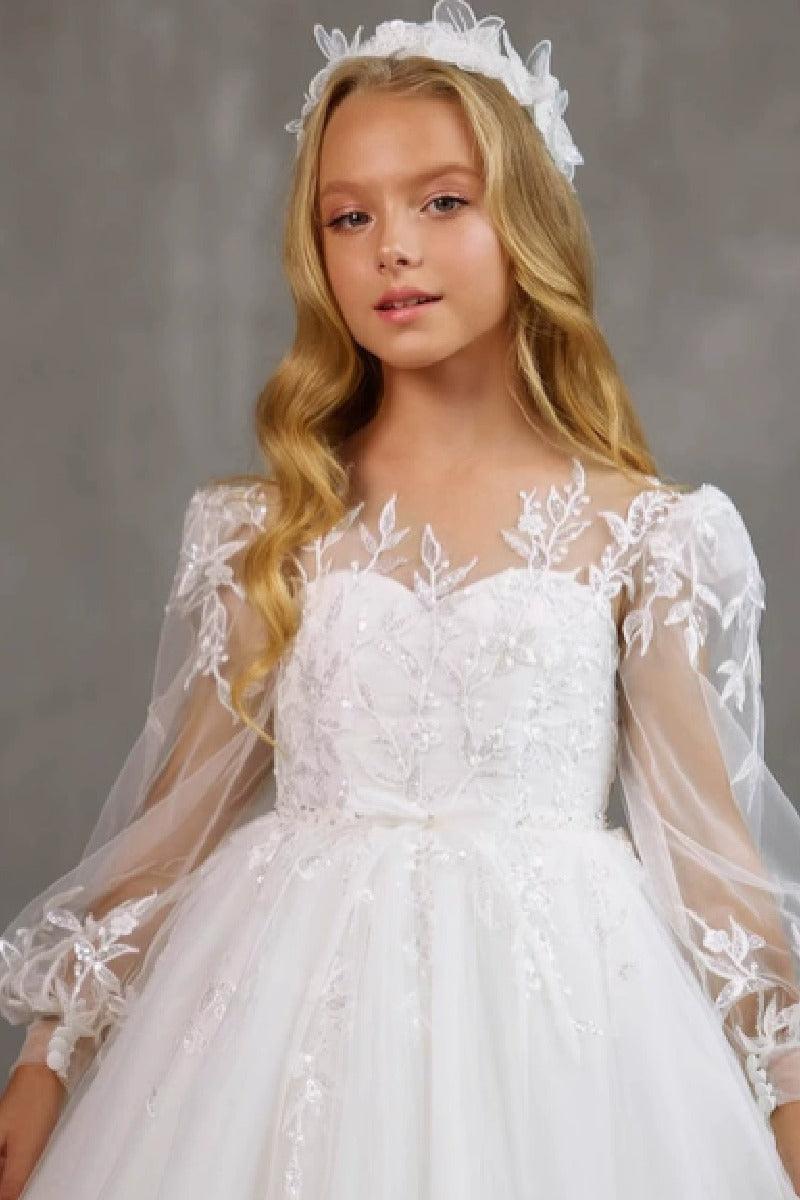 Ball Gown Illusion Sweetheart Neck Sheer Puff Long Lace Sleeves Flower Girl Dresses 733237512683 - 10 Days / White / 2 - COCOMELODY