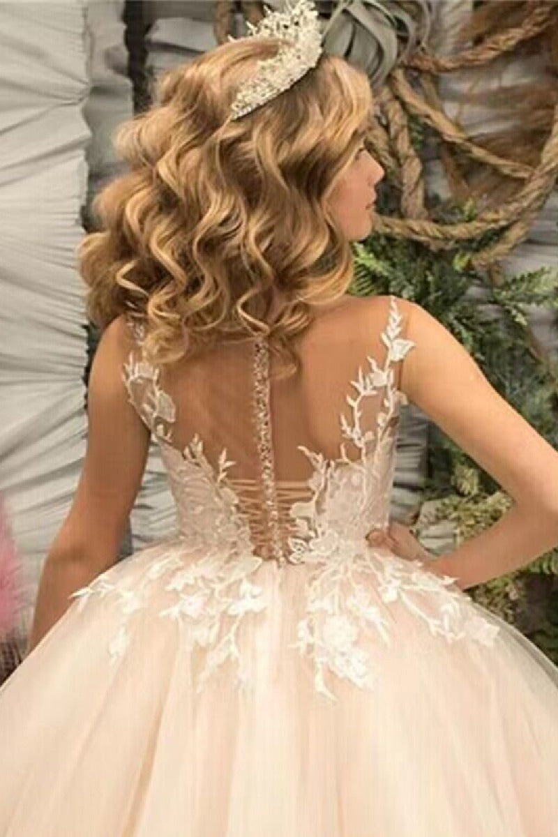 Floor Length A-Line Illusion Applique Flower Girl Dresses 673761187442