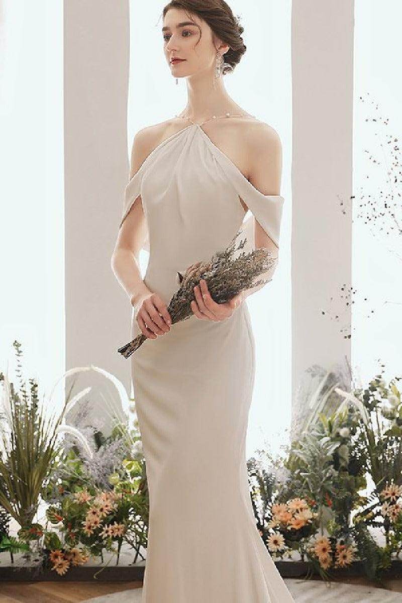 Sheath-Column Sweep-Brush Train Elastic Cloth Wedding Dress 674468699596 - COCOMELODY
