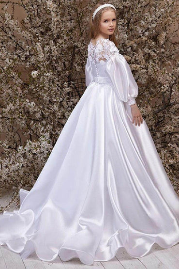 A-Line Illusion Neck Long Sleeve Satin Flower Girl Dresses 750796600612 - COCOMELODY