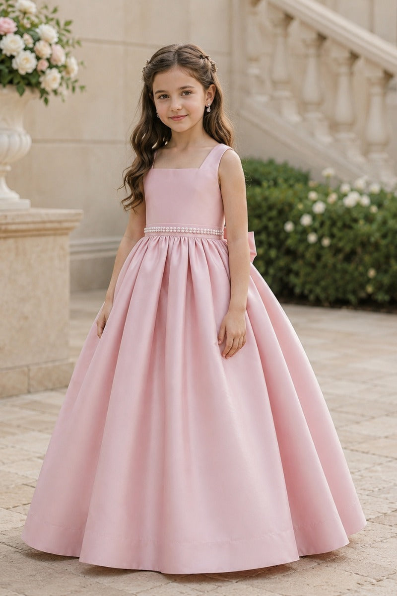 Elegant A-Line Floor Length Satin Square Neck Flower Girl Dresses 1017253005663