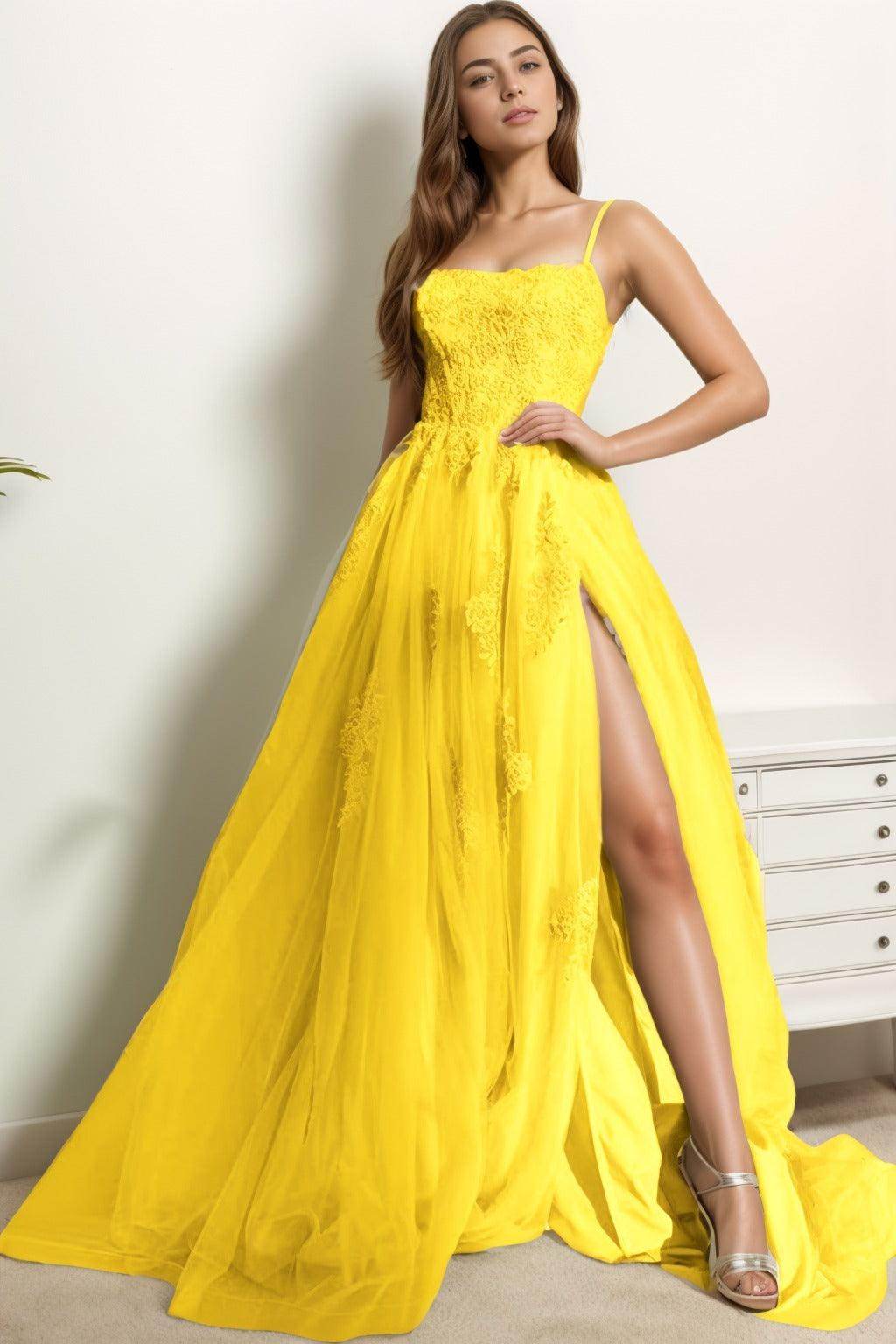 A-Line Sweep-Brush Train Tulle Prom Dress CS0415 - COCOMELODY