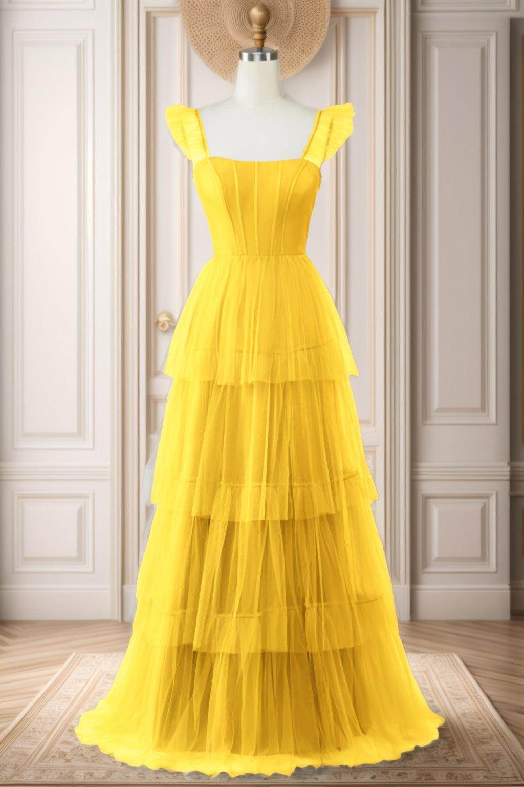 A-Line Sweep-Brush Train Tulle Prom Dress CS0471 - COCOMELODY