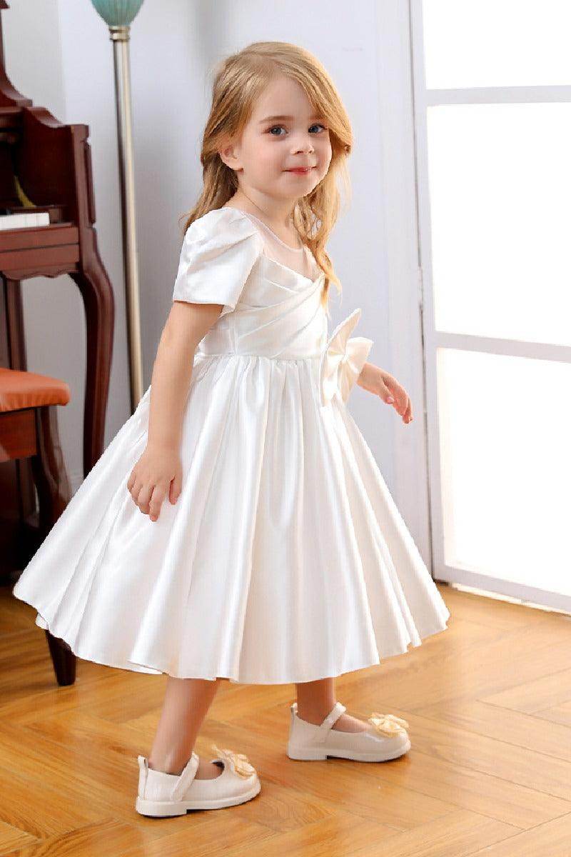 A-Line Illusion Neck Short Sleeves Satin Flower Girl Dresses With Bow(s) 669333816098 - COCOMELODY