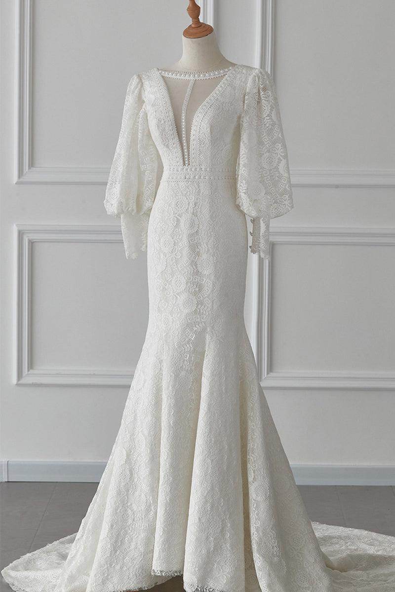 Trumpet-Mermaid Sweep-Brush Train Lace Wedding Dress 719870409318 - COCOMELODY