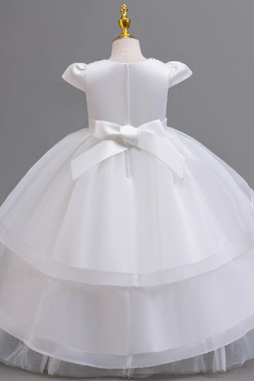 A-Line Round Neck Cap Sleeve Floor Length Ruffled Tulle Flower Girl Dresses 1028258095884 - 7 Days / White / 110cm - COCOMELODY