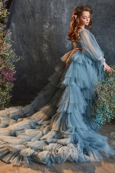 A-Line Long Sleeves Tiered Ruffled Tulle Flower Girl Dresses 688986387192 - 15 Days / As Picture / 2 - COCOMELODY