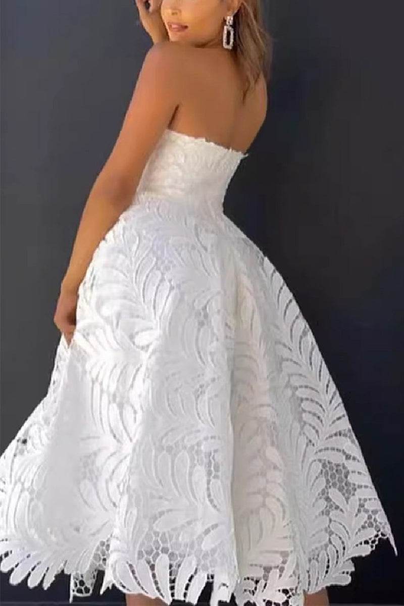 A-Line Tea Length Lace Little White Dress 100060 - COCOMELODY