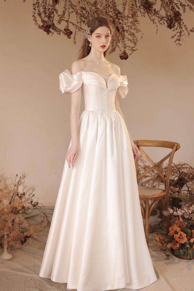A-Line Floor Length Satin Wedding Dress 708336222057 - COCOMELODY