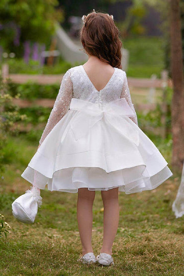 A-Line Scoop Neck Long Sleeve Knee Length Lace/Satin Flower Girl Dresses 709360205661 - COCOMELODY
