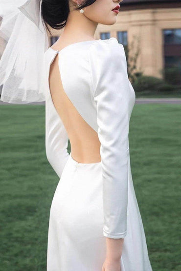 A-Line Sweep-Brush Train Satin Wedding Dress 684419472435 - COCOMELODY