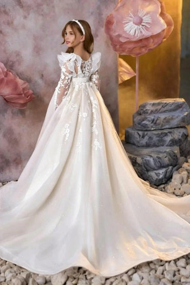 A-Line Sweep-Brush Train Lace Appliques Flower Girl Dresses 1049431577756 - 10 Days / White / 2 - COCOMELODY