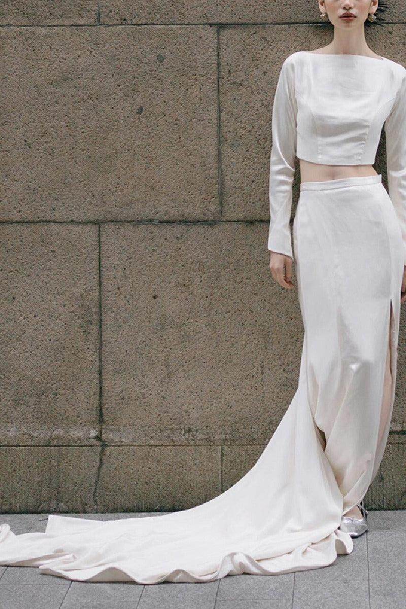 Sheath-Column Chapel Train Satin Wedding Dress 812092434428 - COCOMELODY