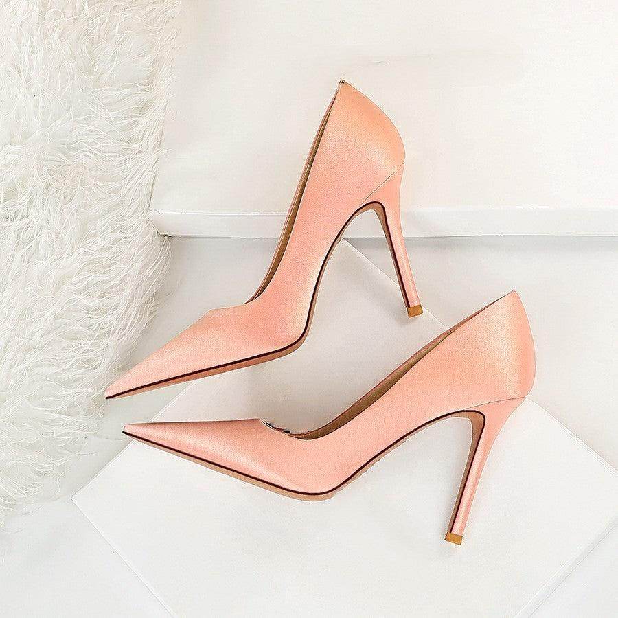 Green Satin Pointy Stiletto Heels 664584349468 - COCOMELODY