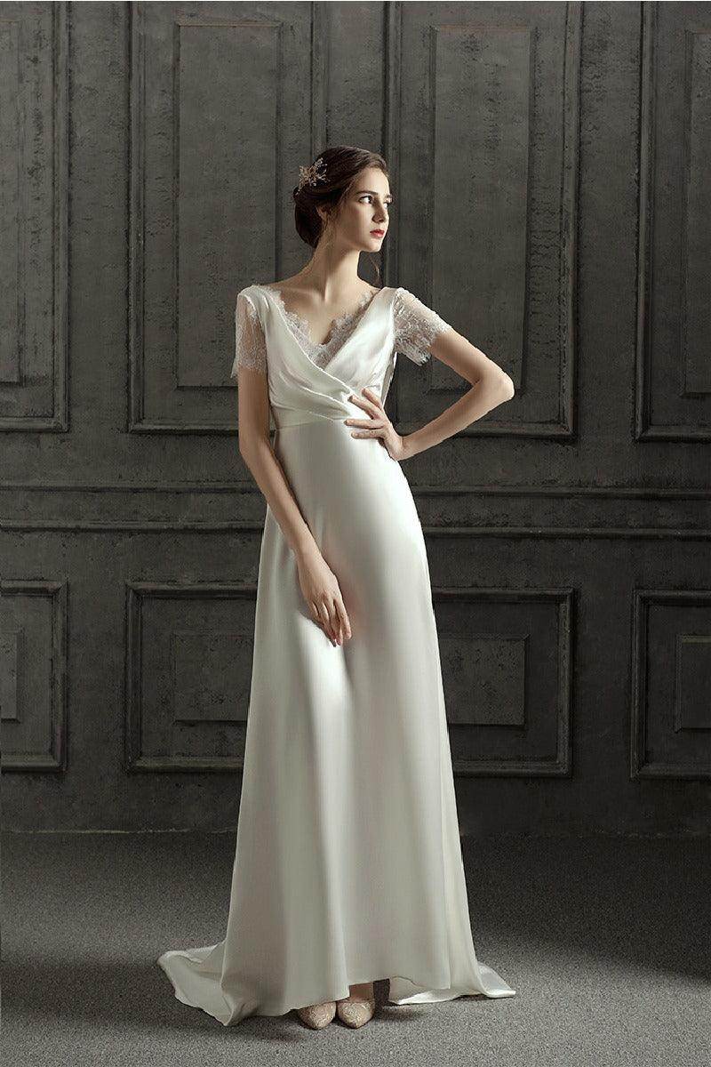 A-Line Sweep-Brush Train Satin Wedding Dress 687832654102 - COCOMELODY