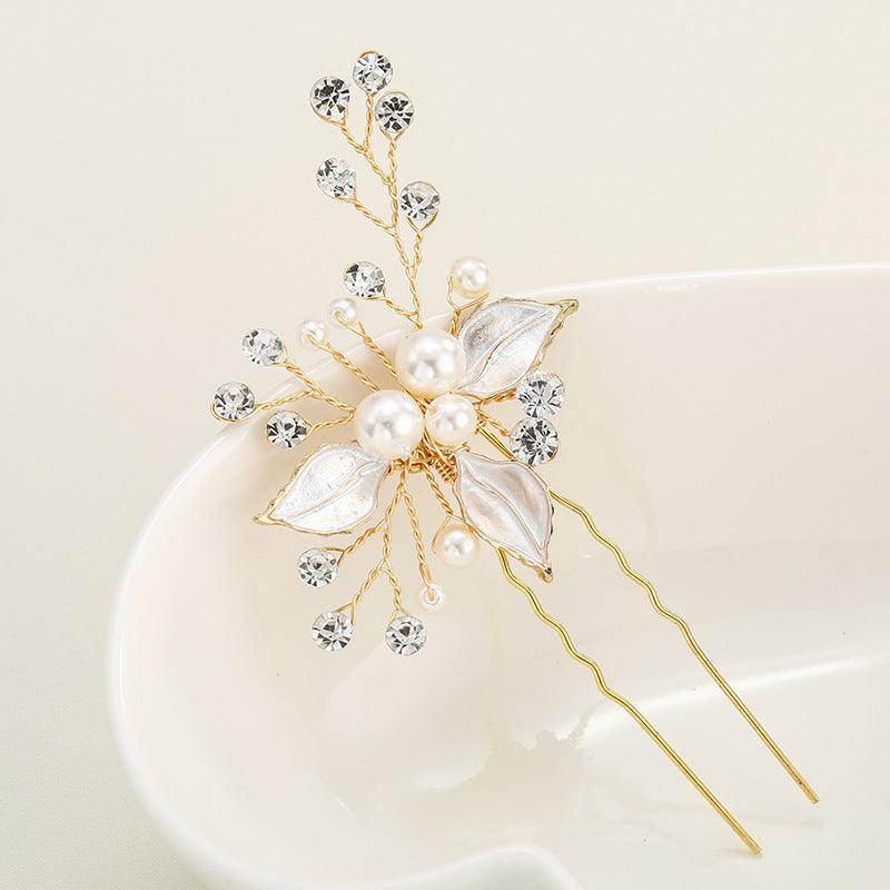 Bridal headwear Leaf hair pin Fashion wedding accessories Handmade pearl U-shaped hairpin set of 3 524682360029 - COCOMELODY