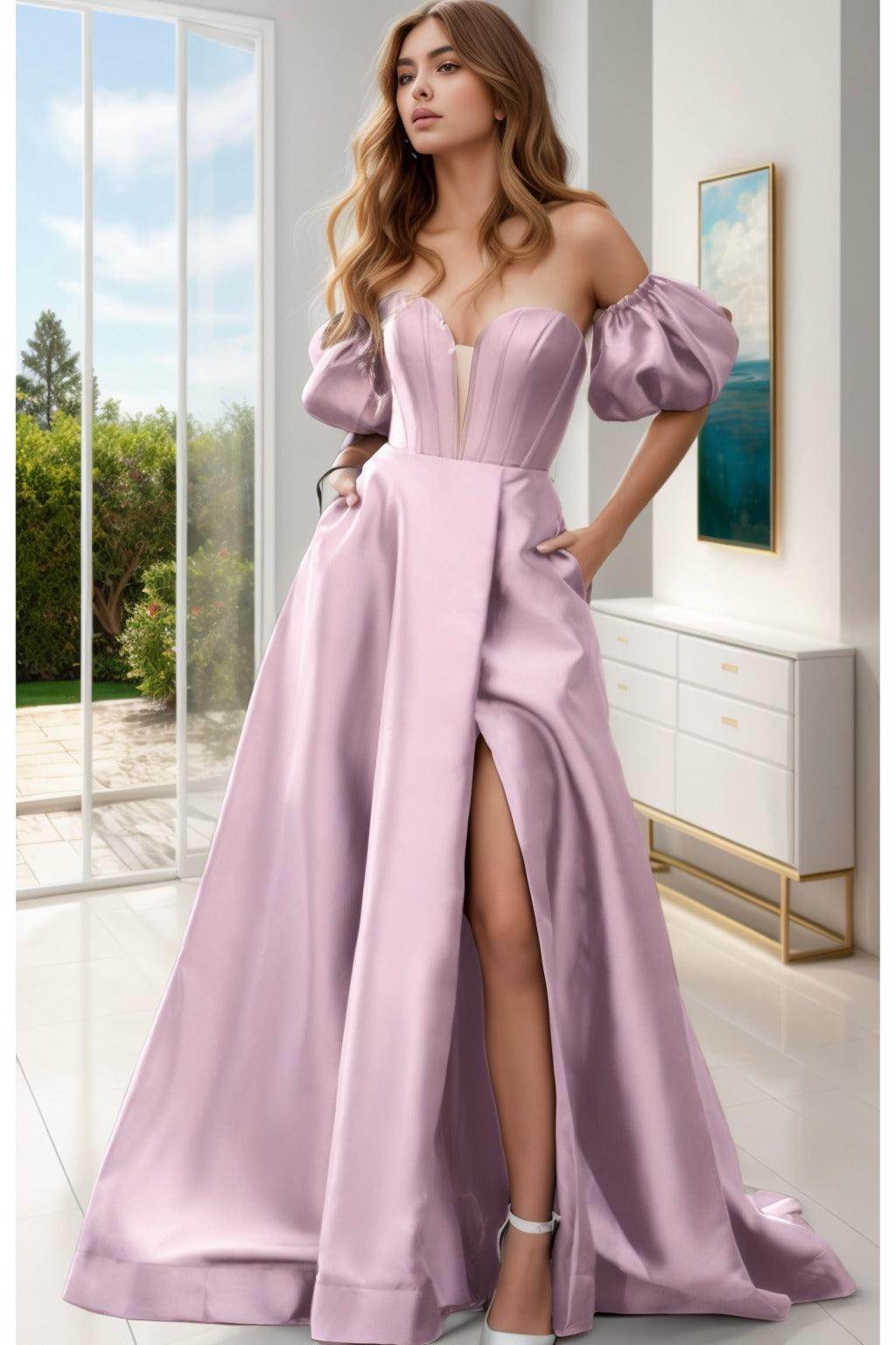A-Line Sweep-Brush Train Satin Prom Dress CS0448 - COCOMELODY