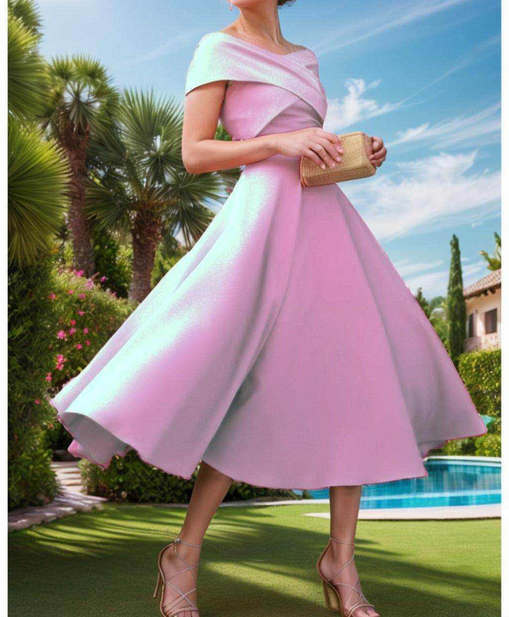 A-Line Tea Length Satin Prom Dress CS0455 - COCOMELODY