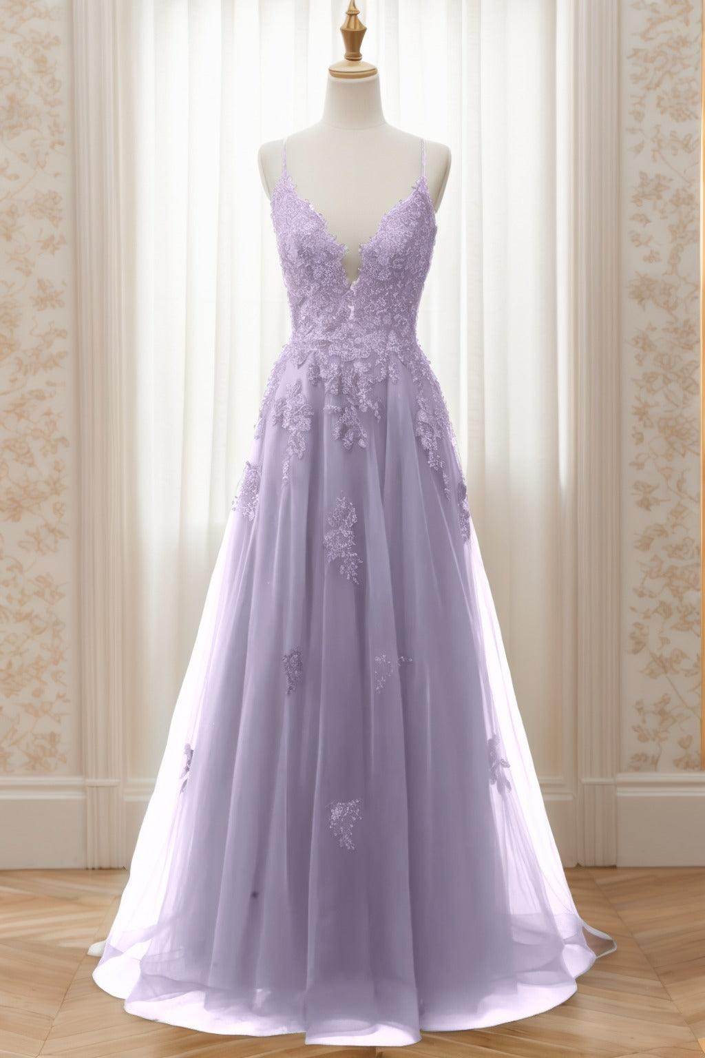A-Line Sweep-Brush Train Tulle Prom Dress CS0463 - COCOMELODY