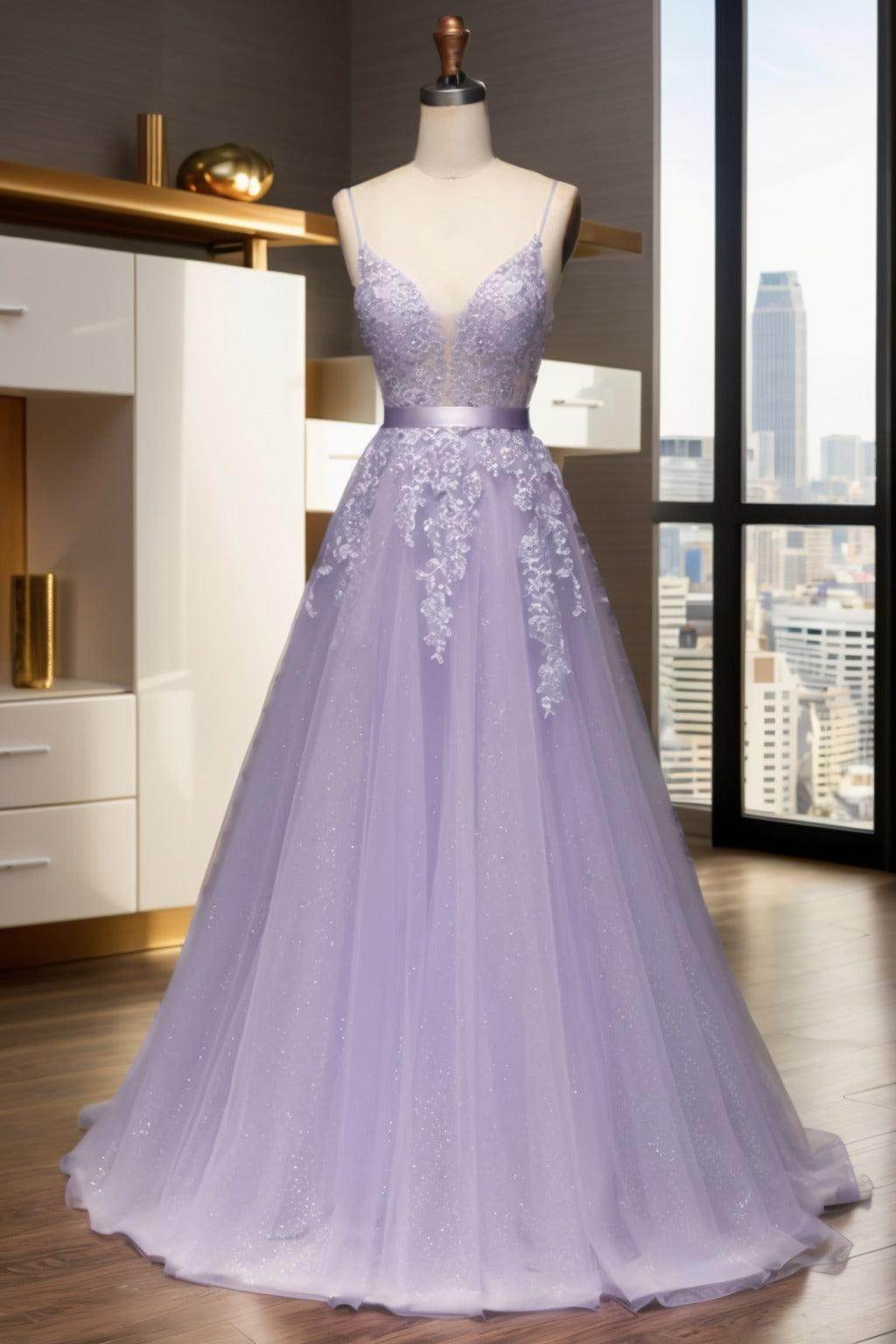 A-Line Sweep-Brush Train Tulle Prom Dress CS0464 - COCOMELODY