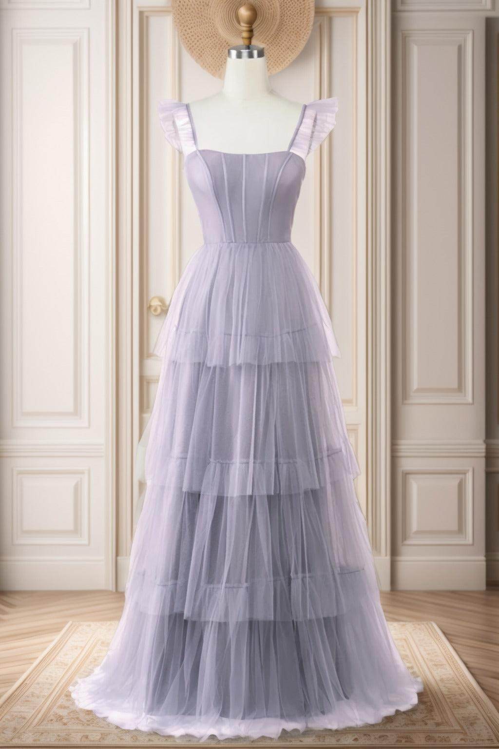A-Line Sweep-Brush Train Tulle Prom Dress CS0471 - COCOMELODY