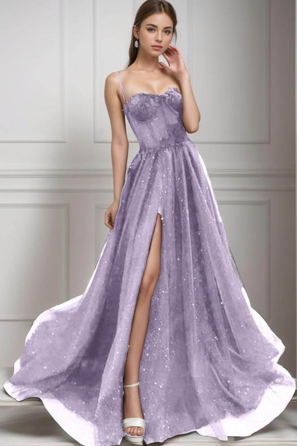 A-Line Sweep-Brush Train Tulle Prom Dress CS0439 - COCOMELODY