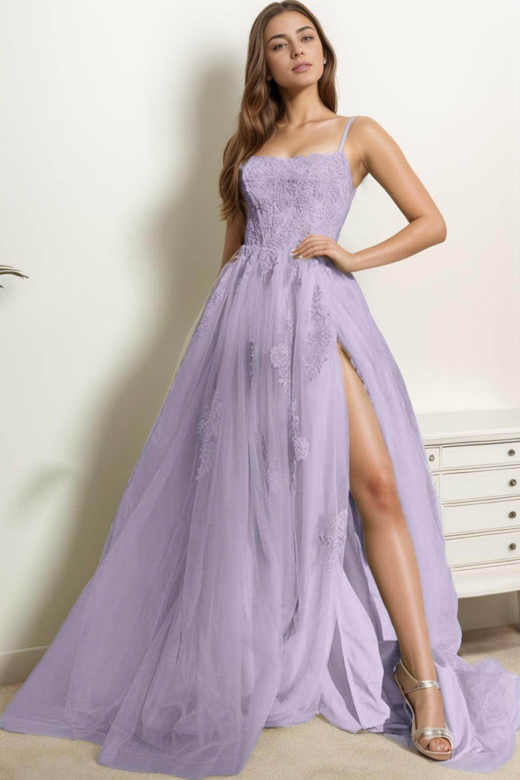 A-Line Sweep-Brush Train Tulle Prom Dress CS0415 - COCOMELODY