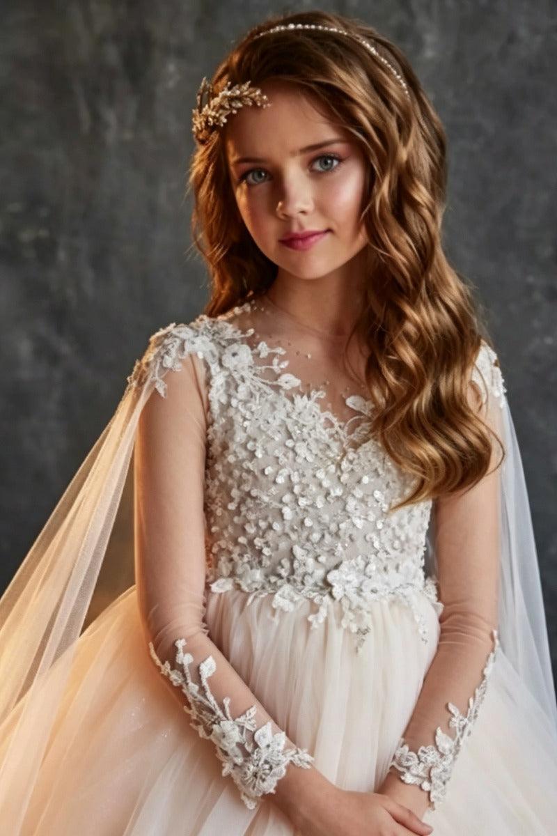 Illusion V-Neck Beaded Lace Long Sleeve Flower Girl Dresses 695101787303 - 10 Days / As Picture / 2 - COCOMELODY