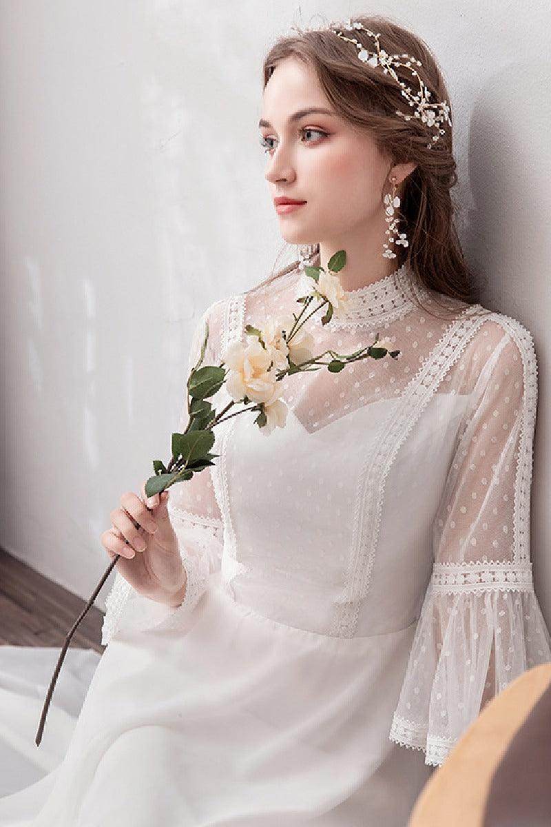 A-Line Floor Length Lace Chiffon Wedding Dress 675587354668 - COCOMELODY