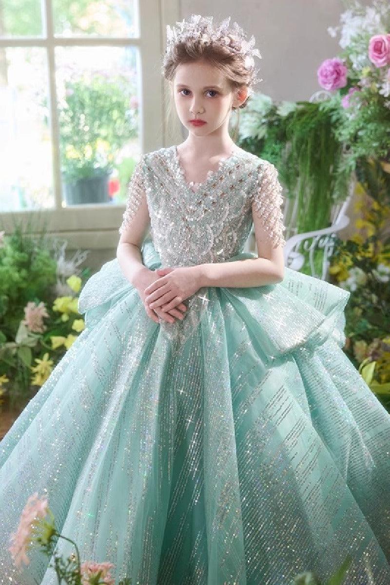 A-Line V-Neck Cap Sleeve Sparkle Tulle Floor Length Flower Girl Dresses 993037422575 - 7 Days / 100cm / Green - COCOMELODY
