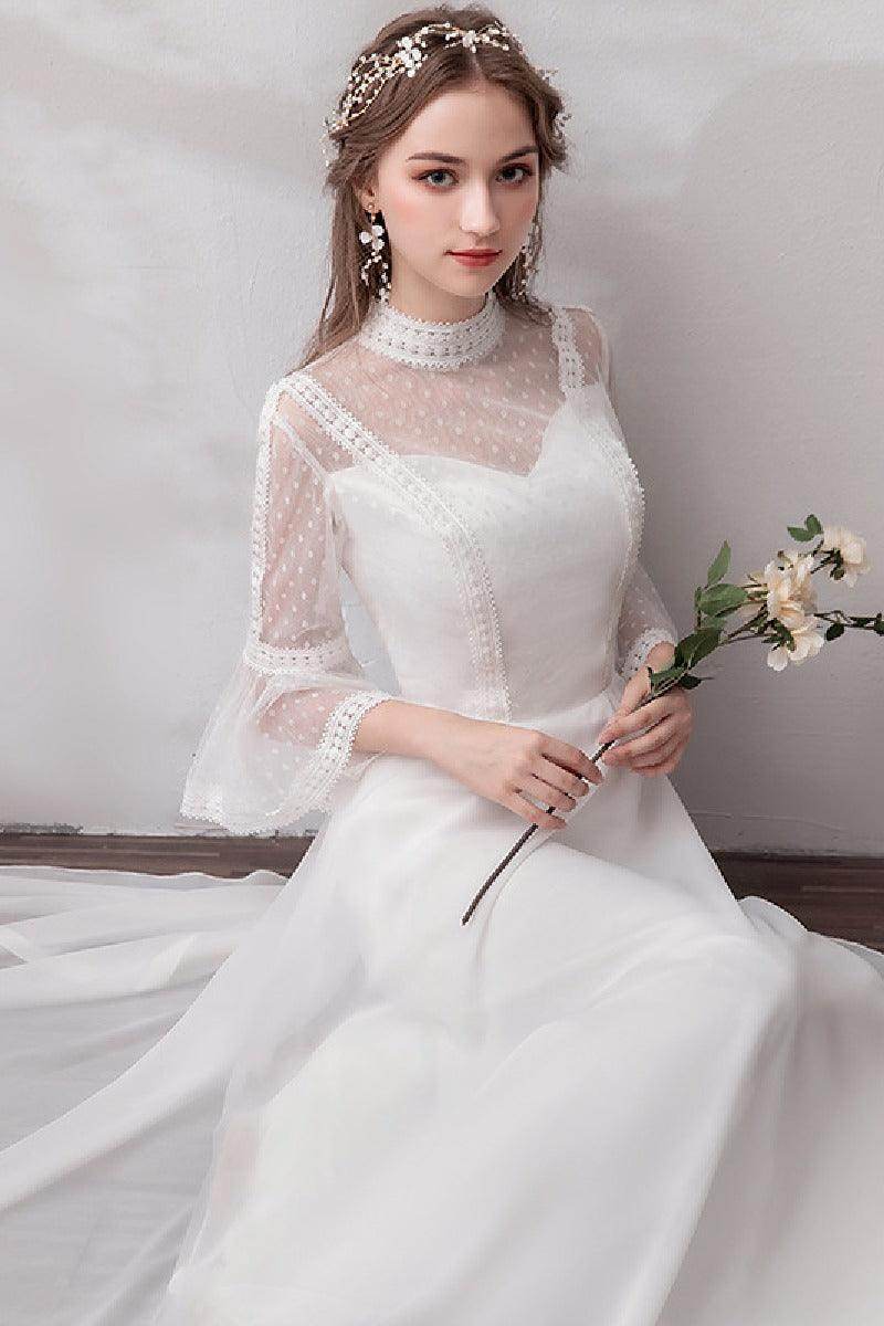 A-Line Floor Length Lace Chiffon Wedding Dress 675587354668 - COCOMELODY