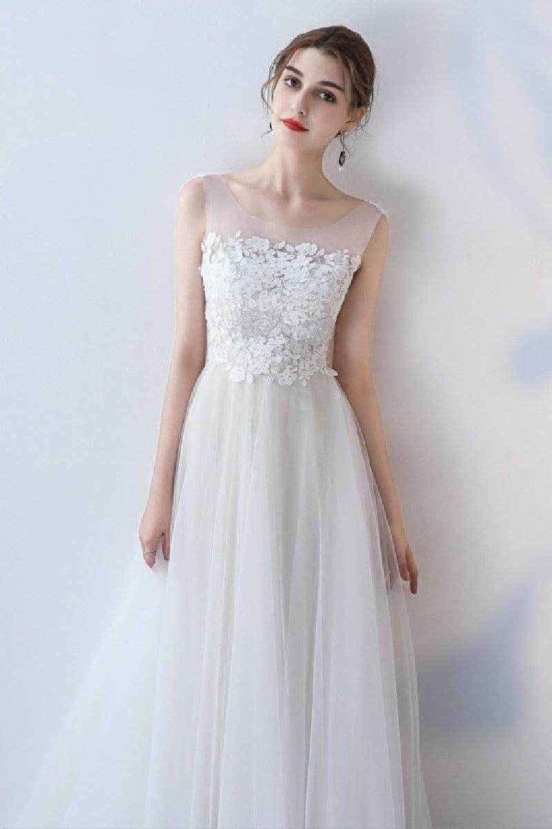 A-Line Sweep-Brush Train Lace Tulle Wedding Dress 623545078224 - COCOMELODY