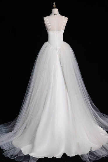 A-Line Sweep-Brush Train Satin Tulle Wedding Dress 735531201362 - COCOMELODY
