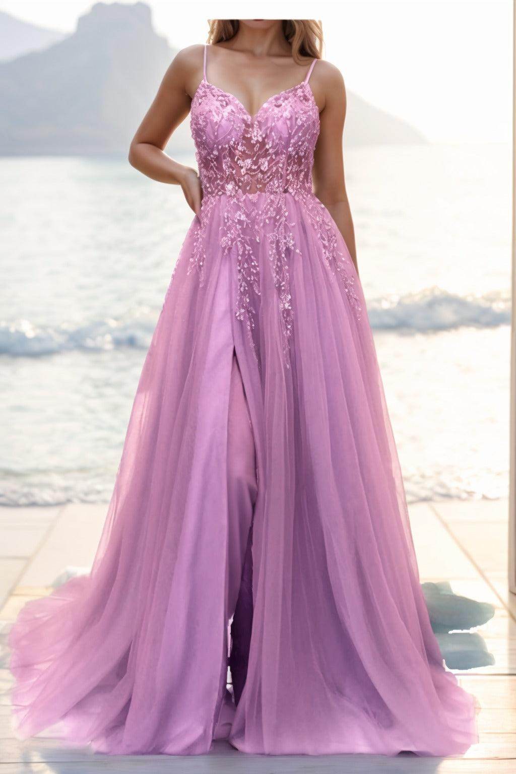 A-line Sweep-Brush Train Tulle Prom Dress CS0402 - COCOMELODY