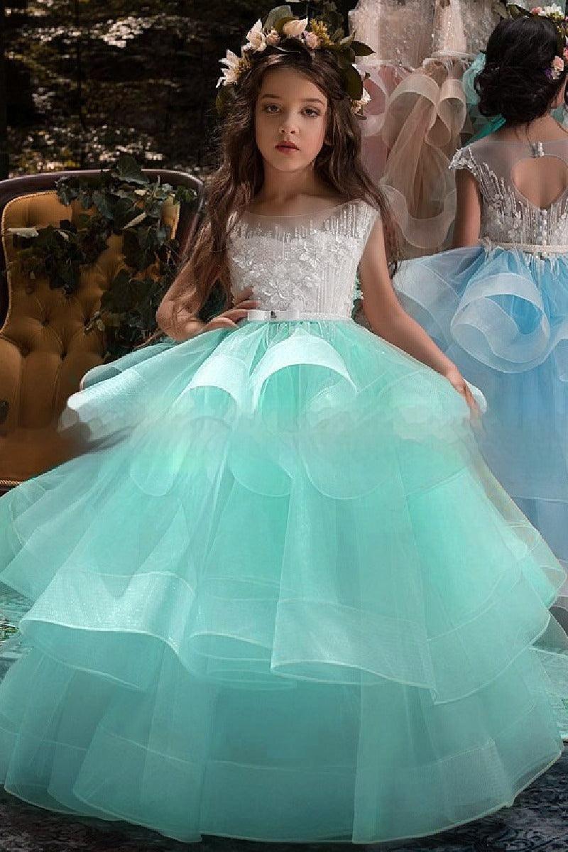 Illusion Round Sleeveless Neck Organza Floor Length Flower Girl Dresses 641380990865 - 10 Days / Mint Green / 2 - COCOMELODY