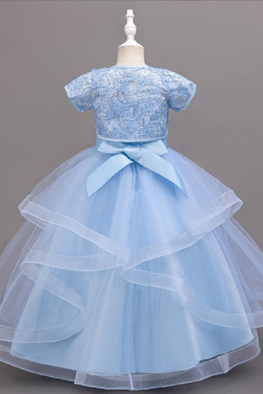 Two-Piece Sequin Lace Bolero Jacket Tulle Floor-Length Flower Girl Dresses 1030169357466 - 7 Days / Blue / 120cm - COCOMELODY