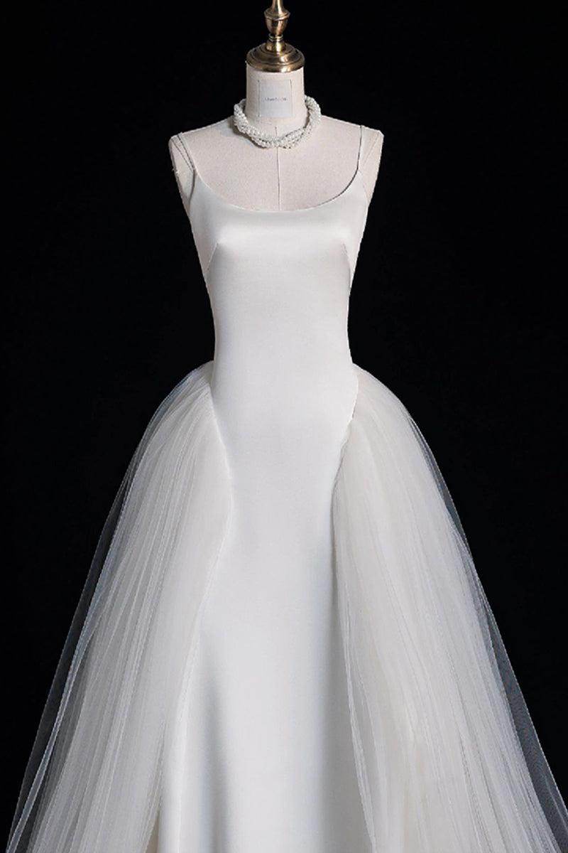A-Line Sweep-Brush Train Satin Tulle Wedding Dress 735531201362 - COCOMELODY