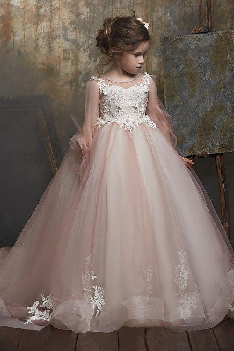 Round Neck Puff Long Sleeve Floral Lace Tulle Flower Girl Dresses 617837002510 - 10 Days / Pink / 2 - COCOMELODY