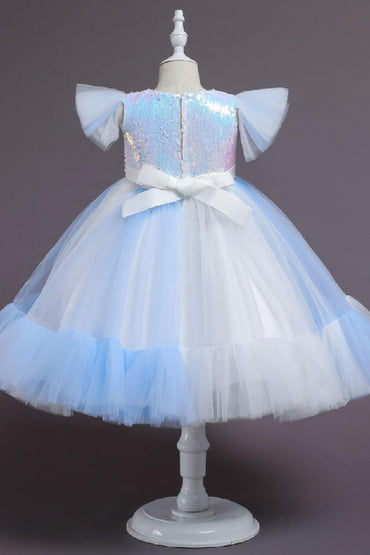 Ball Gown Flutter Sleeve Sequin Tulle Matching Bow Headband Flower Girl Dresses 1031506040712 - 7 Days / White / 100cm - COCOMELODY