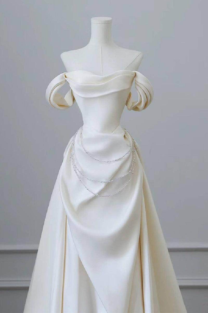 A-Line Sweep-Brush Train Satin Wedding Dress 827070473269 - COCOMELODY