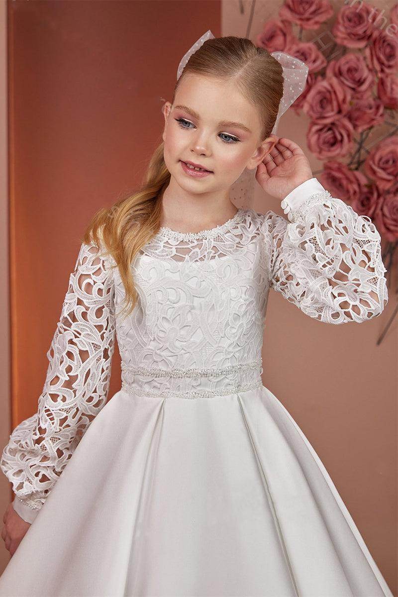 A-Line Scoop Neck Long Sleeve Satin Sweep-Brush Train Flower Girl Dresses With Lace 738781084079 - COCOMELODY