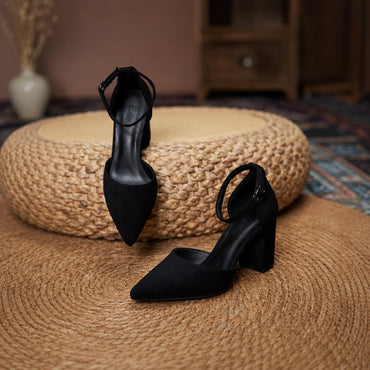 Suede Pointed Toe Block Heel Pumps Ankle Strap Elegant Shoes 695304002209