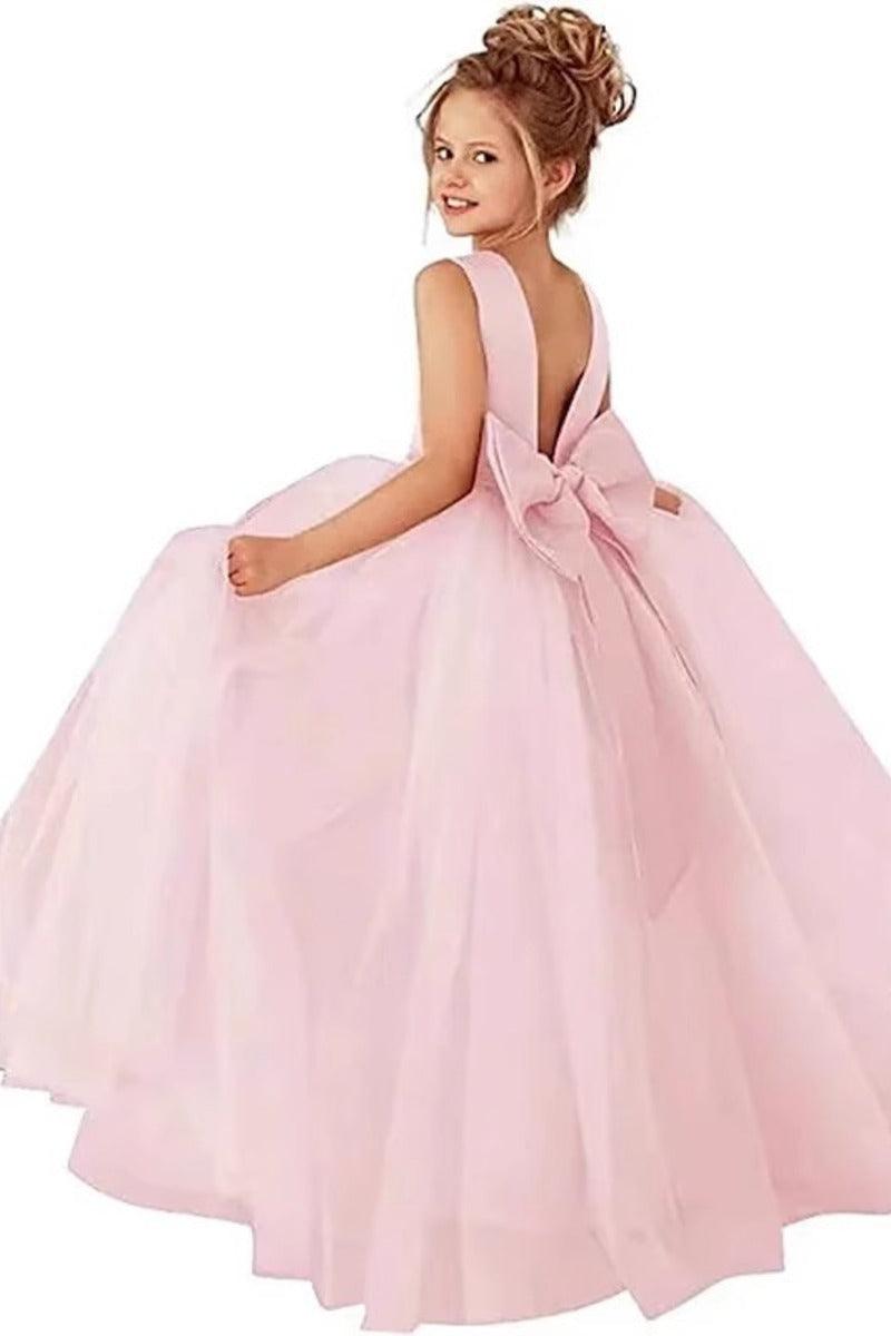 Satin Sleeveless Round Neck V-Back Bow Floor Length Flower Girl Dresses 772100832769 - 7 Days / Pink / 100cm - COCOMELODY